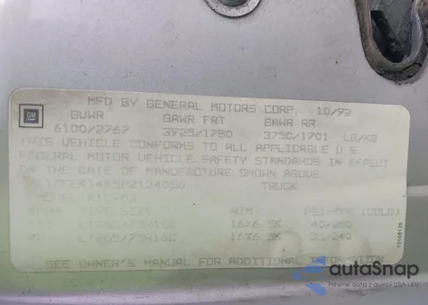 1993 Chevrolet Gmt-400 K1500 z USA, uszkodzony, nr VIN 1GCEK14K5PZ134056